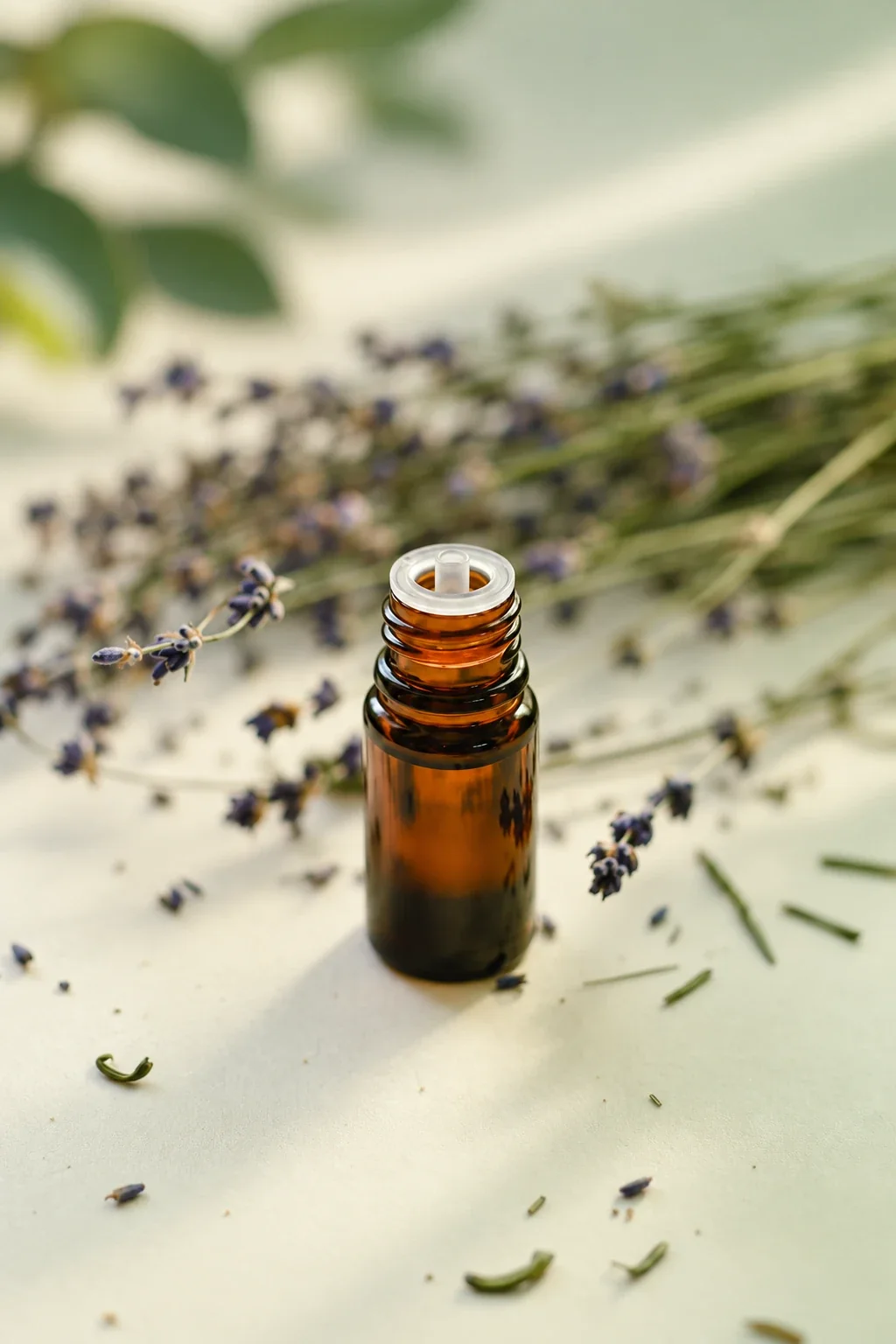 A dropper bottle of essential oil with dried lavender