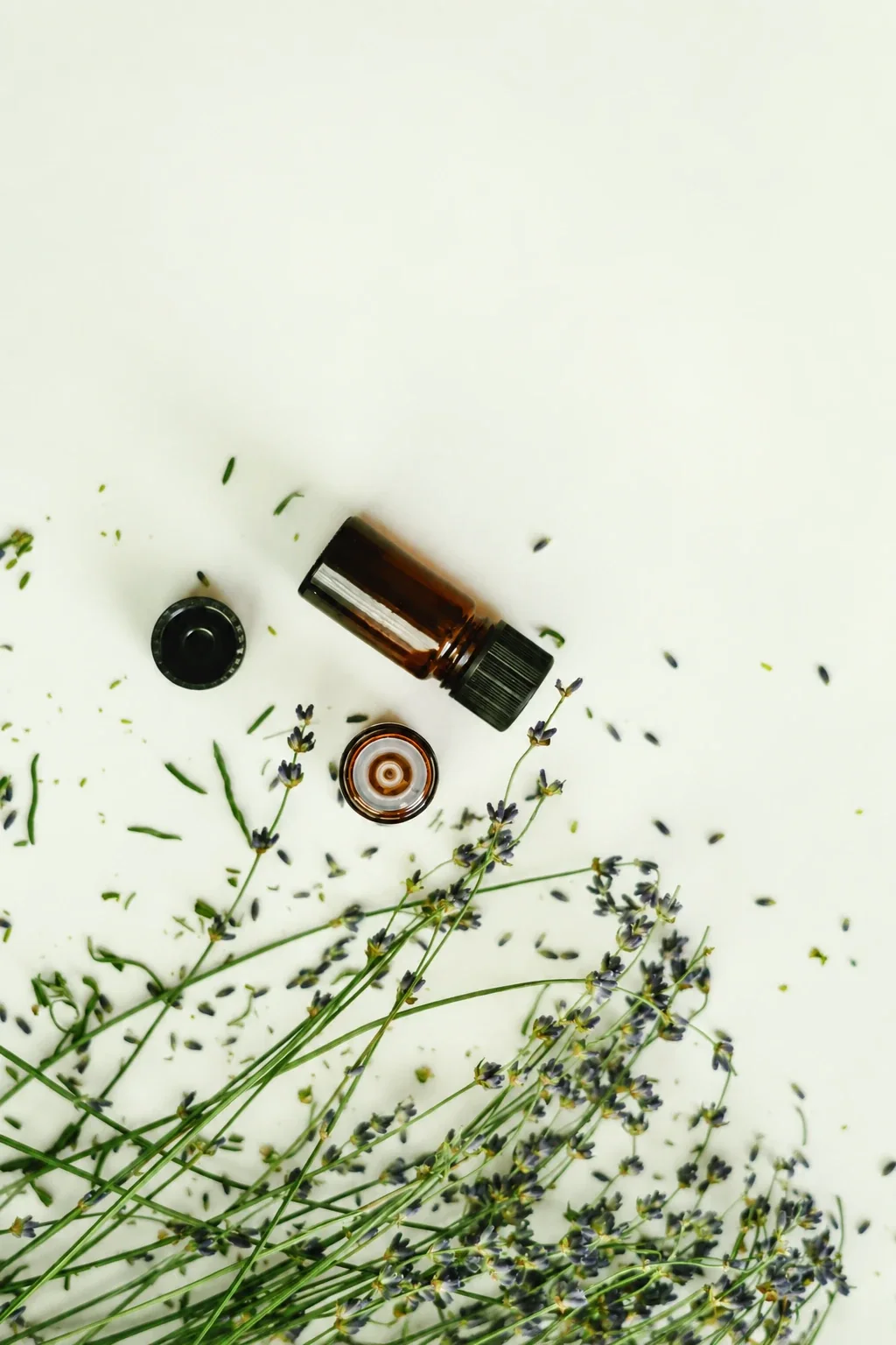 Essential oil bottles on a bed of dried lavender
