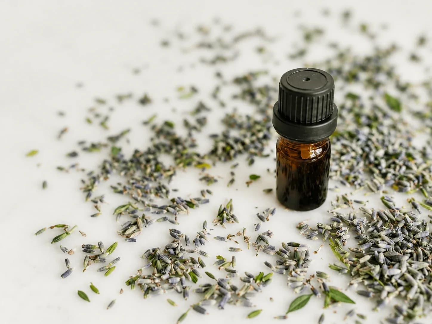 An essential oil bottle among dried lavender